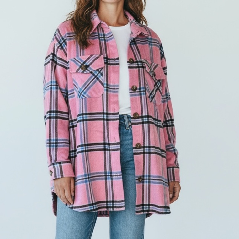 Sewn + Seen Women’s Pink & Blue Plaid Flannel Button Down Jacket Size Small –NWT